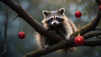 A raccoon perched on a branch adorned with red ornaments in a serene, blurred background. photo