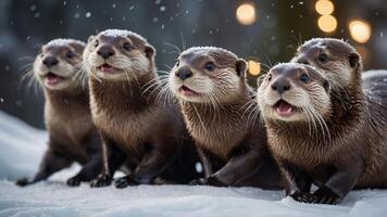 Five playful otters in snow, showcasing their lively expressions and natural habitat. photo