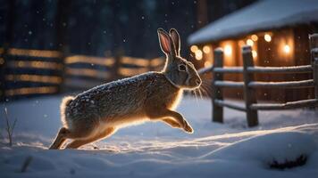 A snow-covered scene featuring a rabbit leaping near a cozy cabin adorned with lights. photo