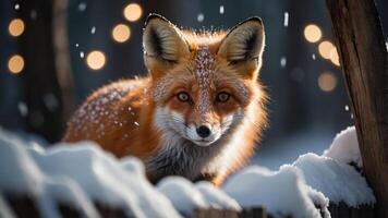 A close-up of a fox in a snowy forest, with soft bokeh lights in the background. photo