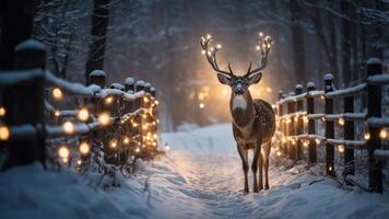 A serene winter scene featuring a deer illuminated by festive lights in a snowy forest. photo