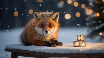 A fox resting on a snowy table with glowing lights in the background. photo