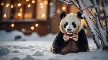 A panda wearing a bow tie sits in the snow, surrounded by soft lights in the background. photo