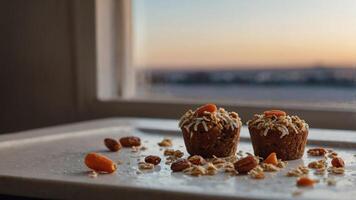 Two baked goods topped with nuts and oats, placed on a tray with a sunset view. photo