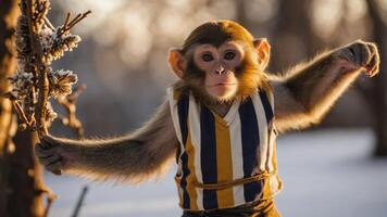 A playful monkey wearing a striped vest holds a stick in a snowy landscape. photo