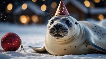 A festive seal wearing a party hat, surrounded by snow and holiday decorations. photo