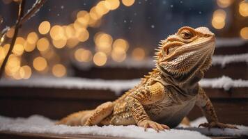 A bearded dragon resting on snow-covered steps with soft bokeh lights in the background. photo