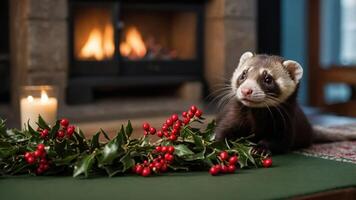 A ferret poses with holly and berries near a cozy fireplace, creating a festive atmosphere. photo