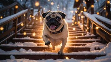 A joyful pug running down snowy stairs, illuminated by warm lights in a winter setting. photo