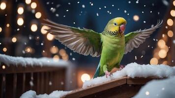 A vibrant parakeet spreads its wings on a snowy surface with festive lights in the background. photo