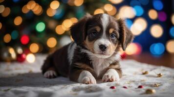 A cute puppy lying on a festive blanket with colorful bokeh lights in the background. photo