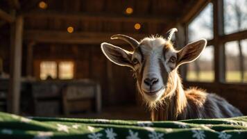 A close-up of a goat in a rustic barn setting, showcasing its curious expression. photo