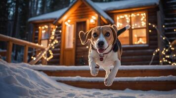 A beagle joyfully leaps through the snow in front of a cozy, illuminated cabin. photo