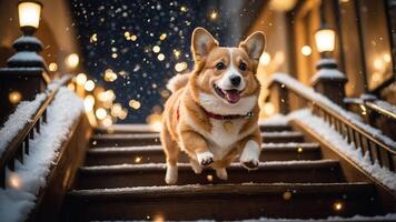 A joyful corgi leaps down snowy steps, surrounded by twinkling lights in a winter scene. photo