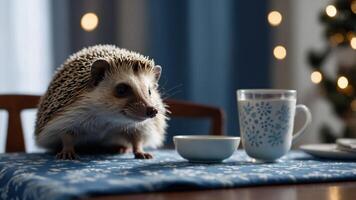 A hedgehog sits on a table beside a cup and a small dish, creating a cozy atmosphere. photo