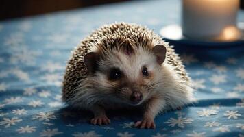 A close-up of a hedgehog on a patterned tablecloth, illuminated by soft candlelight. photo