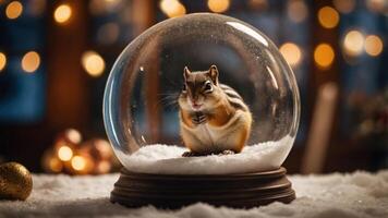 A chipmunk inside a snow globe surrounded by soft snow and warm lights. photo