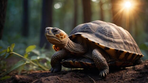 A tortoise in a forest setting, illuminated by warm sunlight filtering through trees. photo