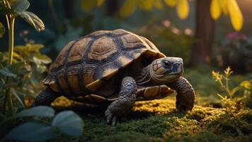 A tortoise walking on moss in a serene forest setting, illuminated by soft sunlight. photo