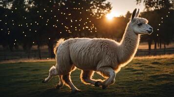 A running llama in a sunlit field with a magical atmosphere. photo