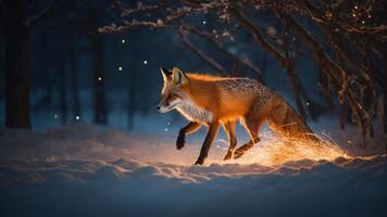A fox walks through a snowy landscape, illuminated by a soft glow amidst the trees. photo