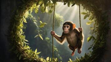 A young monkey swings playfully amidst lush greenery, illuminated by soft sunlight. photo