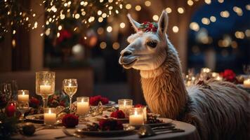 A whimsical dining scene featuring a llama adorned with flowers at a candlelit table. photo