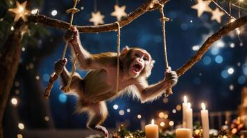 A playful monkey swings on a branch adorned with festive decorations and candles. photo