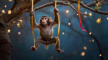A playful monkey hangs from ribbons in a tree adorned with stars, creating a whimsical scene. photo