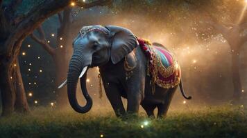 A majestic elephant adorned with colorful decorations in a mystical forest setting. photo