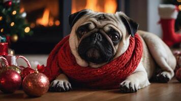 A cozy pug wrapped in a red scarf, surrounded by festive decorations and a warm fireplace. photo