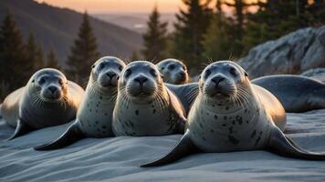 Five seals resting on a sandy beach with a sunset backdrop and forest in the distance. photo