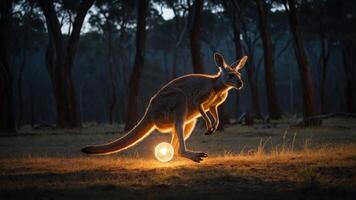 A kangaroo illuminated by a glowing orb in a serene, twilight landscape. photo