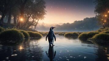 A penguin stands in a serene, misty landscape at dawn, surrounded by soft greenery and lights. photo