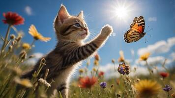 A playful kitten reaching for a butterfly in a vibrant flower field under a sunny sky. photo