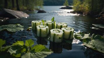 Fresh cucumber rolls floating on water, surrounded by greenery and rocks. photo