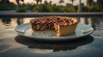 A savory pie with mushrooms and sauce, presented on a plate by a tranquil water setting. photo