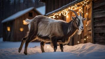 A goat stands in the snow near a rustic cabin adorned with festive lights. photo