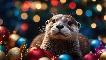An otter surrounded by colorful Christmas ornaments, creating a festive atmosphere. photo