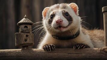A close-up of a ferret with a charming expression near a small wooden structure. photo