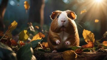 A cute guinea pig amidst autumn leaves, illuminated by soft sunlight in a forest setting. photo