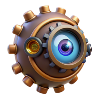 serene remarkable Steampunk robotic eye with intricate gears and glowing lens. NO BACKGROUND with Transparent Background. png