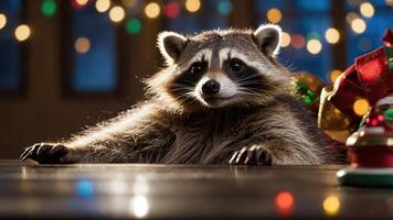 A raccoon sitting at a table with festive decorations in a cozy setting. photo