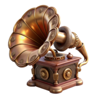 majestic victorian Steampunk gramophone with a large ornate horn and intricate gears. NO BACKGROUND with Transparent Background. gallery standard png