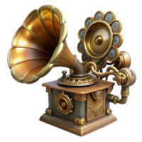 immaculate intense mid-century Steampunk gramophone with a large ornate horn and intricate gears. NO BACKGROUND with Transparent Background. detailed png