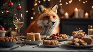 A festive table set with cookies and a fox in a cozy, decorated setting. photo