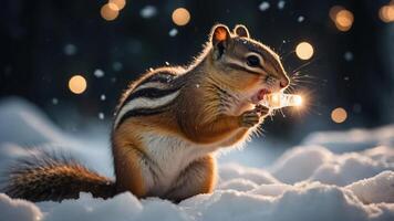 A chipmunk enjoys a glowing snack in a snowy landscape, surrounded by soft snowfall and lights. photo