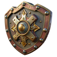 dramatic inspired Steampunk shield with intricate metalwork and brass embellishments. NO BACKGROUND with Transparent Background. png