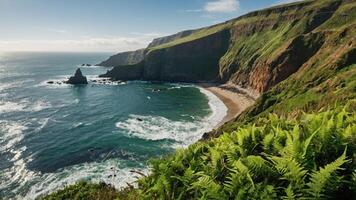 Scenic coastal view with cliffs, beach, and ocean waves under a clear sky. photo