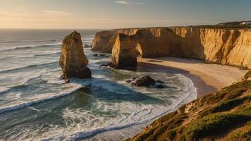Scenic coastal view with cliffs, waves, and beach at sunset. photo